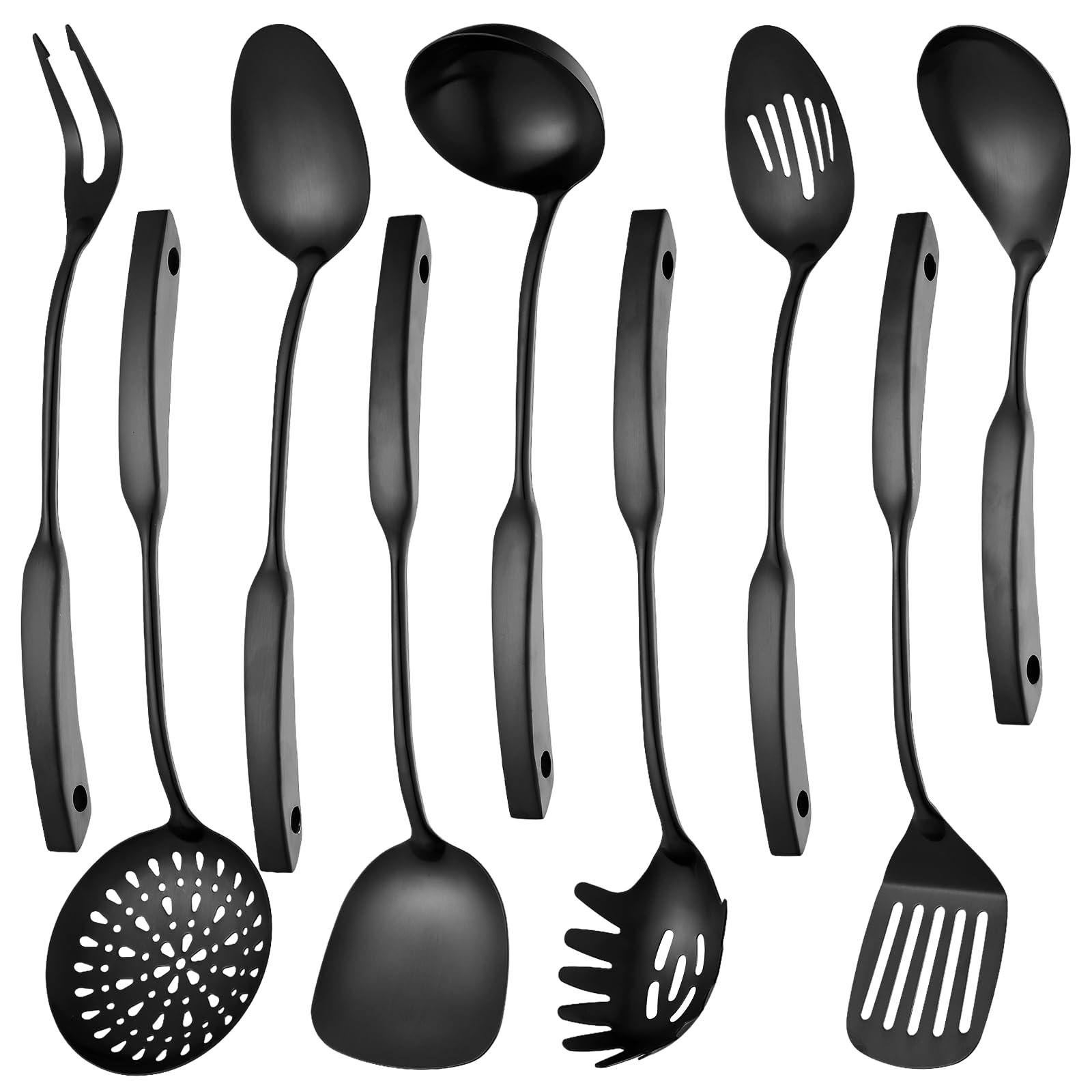 Kitchen Utensil Set, 9-Piece Cooking Utensil Set,Include 304 Stainless Steel Spatula Skimmer, Soup Ladle, Spaghetti Server,Slotted &amp; Solid Spoon, Slotted Spatula Turner, Meat Fork(Black）