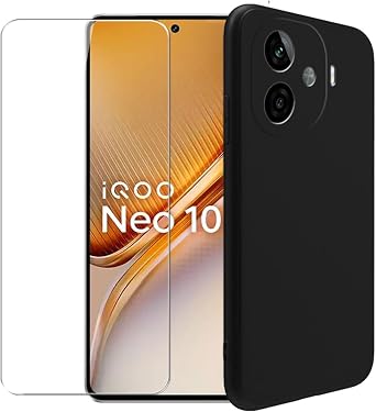 Case for vivo iQOO Neo 10R + Glass Screen Protector Tempered Film - Transparent Silicone Soft Flexible Bumper Shockproof TPU Protective Cover Shell for vivo iQOO Neo 10R Black