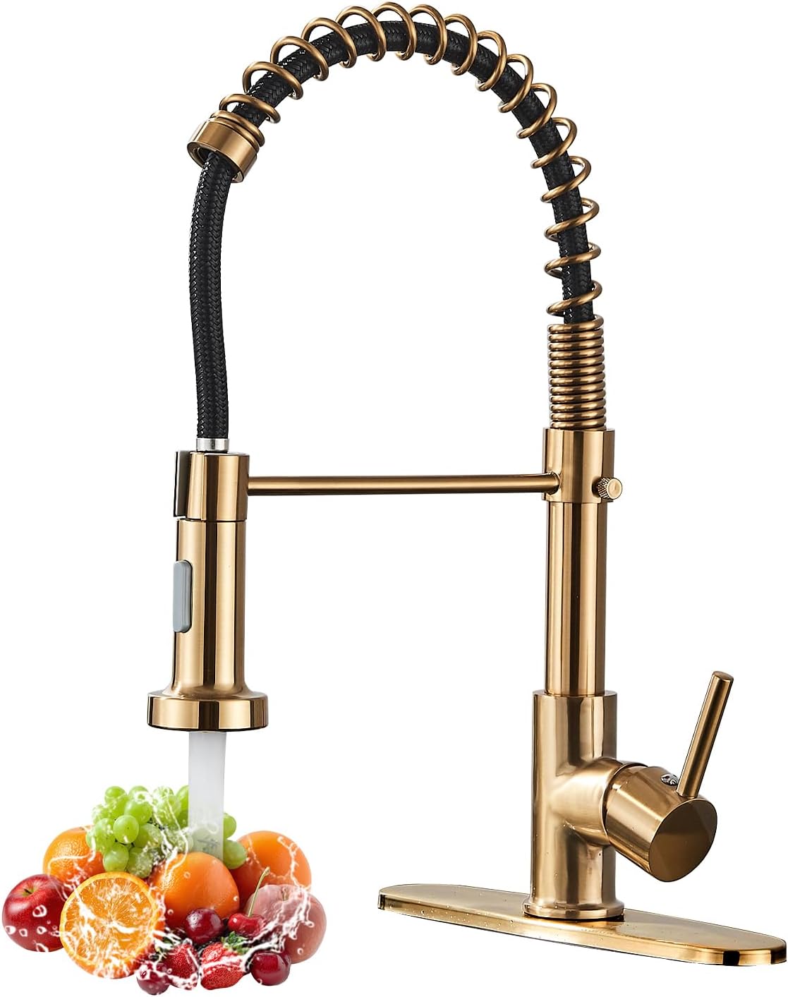 Gold Kitchen Faucet,DanPiang Commercial Stainless Steel Single Handle Pull Down Kitchen Sink Faucet with Deck Plate,Brushed Gold