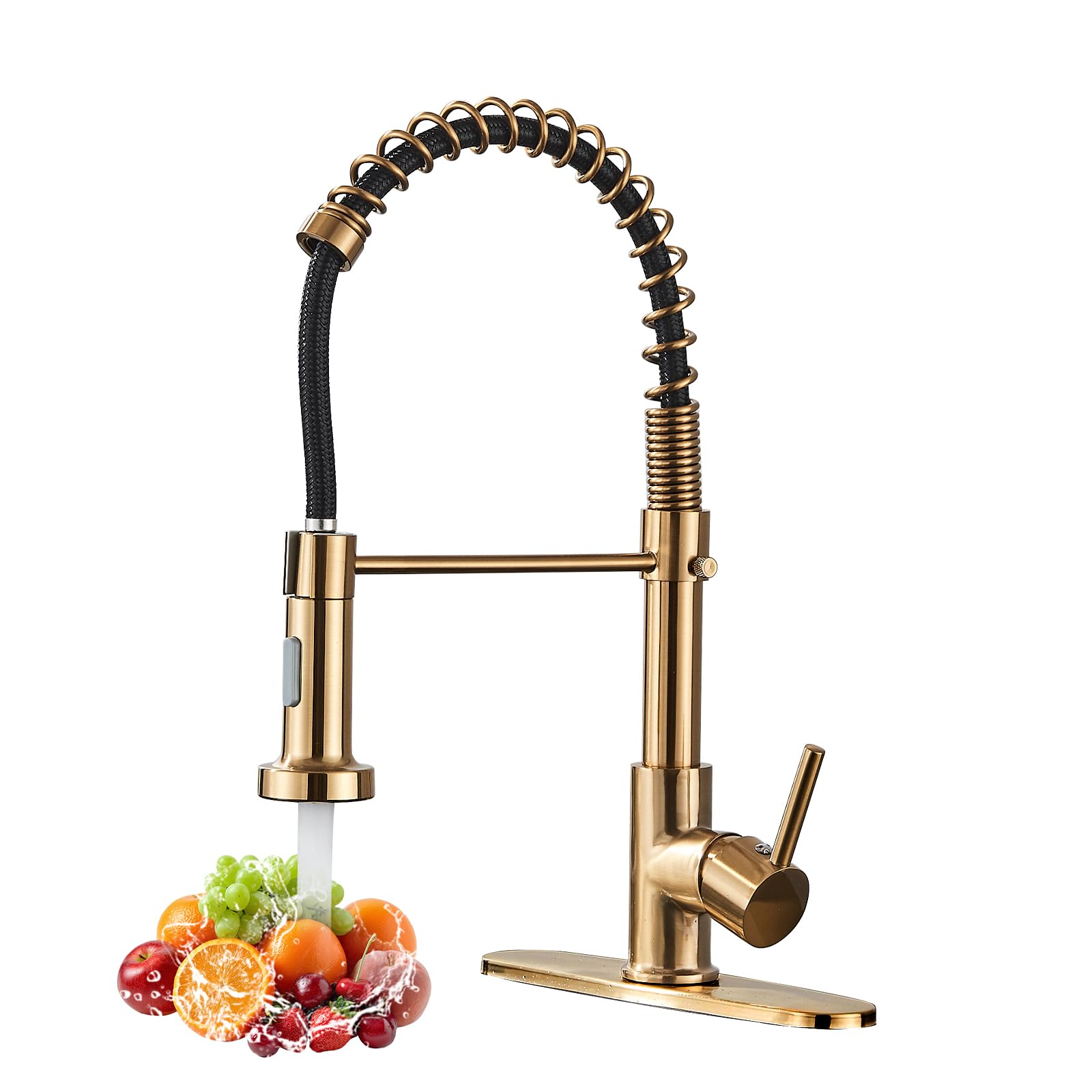 Gold Kitchen Faucet,Commercial Stainless Steel Single Handle Pull Down Kitchen Sink Faucet with Deck Plate,Brushed Gold