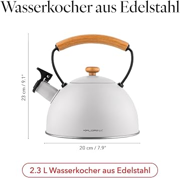 FLORINA NATURAI Kettle (2.3 Litres) I Stainless Steel Tea Kettle Whistling Kettle with Wooden Handle I Automatic Whistling I Kettle for Induction Cooker Gas Hob and Electric Hob I Colour: Grey