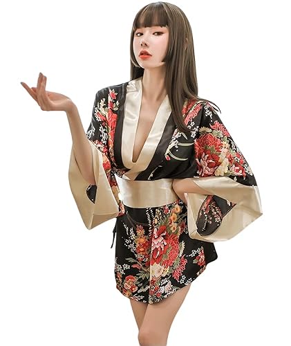 Women's Traditional Japanese Kimono Style Robe Yukata Costumes Pajamas Sexy Cosplay - Large - 7972-black