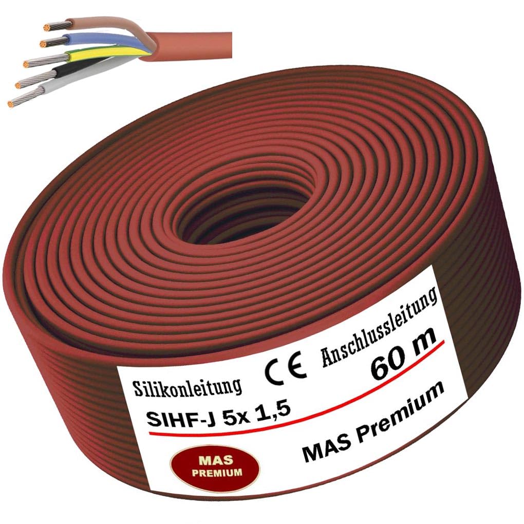 MAS Premium Cable de conexión de silicona de 5 a 200 m, cable de silicona para sauna SIHF-J, 5 x 1,5, alambre fino, flexible para equipos de alta temperatura (60 m)