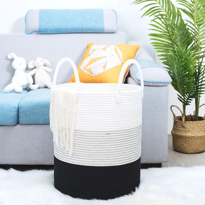 Image of Storage Cotton Rope Basket and Laundry Hamper for Dirty Clothes, Towels, Blankets, Pillows Storage in Living Room, Laundry Room and Bedroom (White Black, 15x18 Inch)