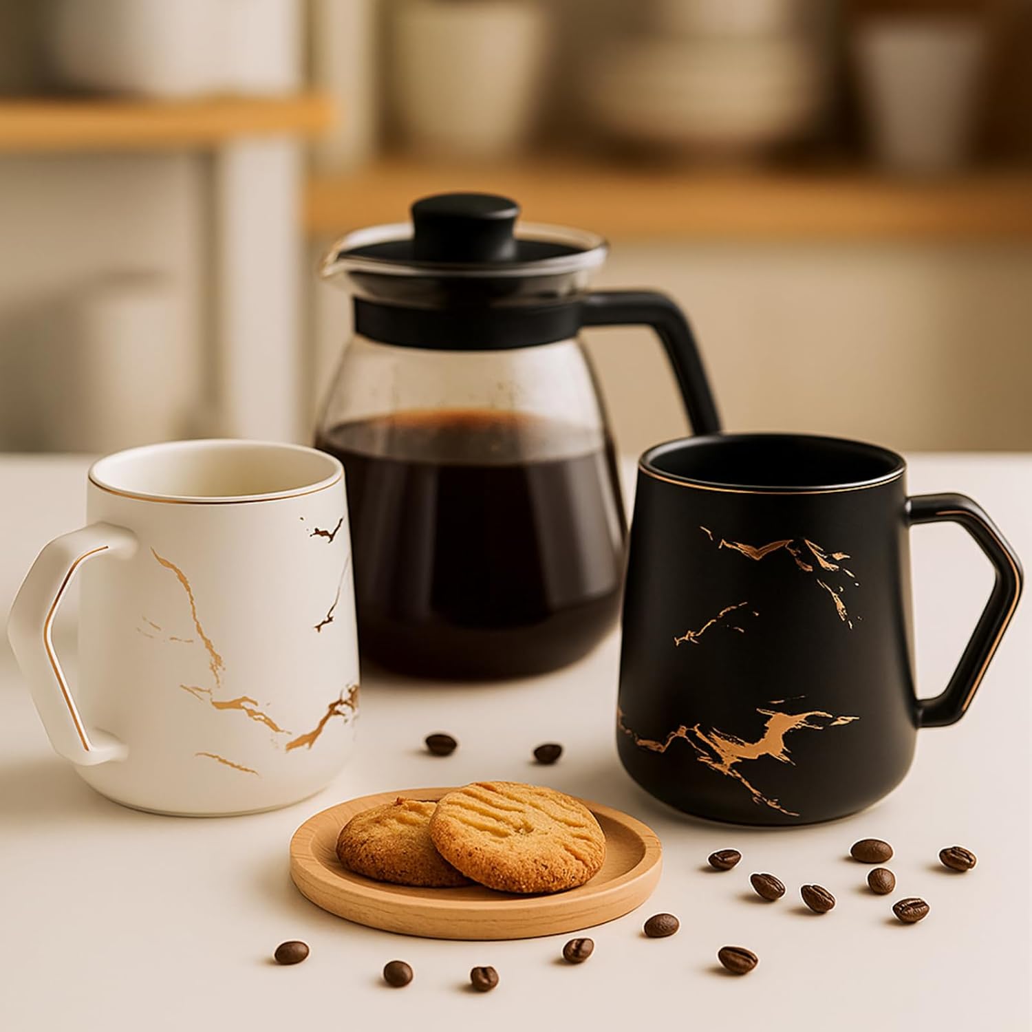 ZENFUN 2 Pack Ceramic Mug Set for Couple, Coffee Mugs with Gift Box, Engagement Wedding Gift 13.5 oz Porcelain Mug Set with Lid and Gold Spoon Marbling, His and Hers, Christmas( Black&White) - Image 8