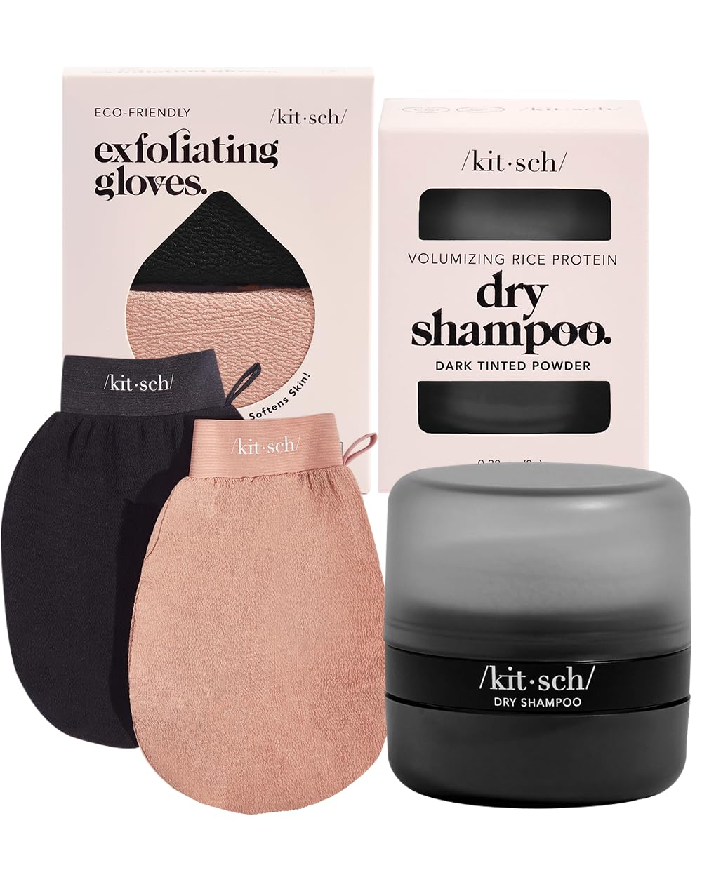 Kitsch Dry Shampoo Powder with Rice Protein for Women & Men – Volumizing, Unscented, No White Cast & Organic + Deep Exfoliating Glove – 2pc Eco Friendly Exfoliating Body Scrubber Black/Terr