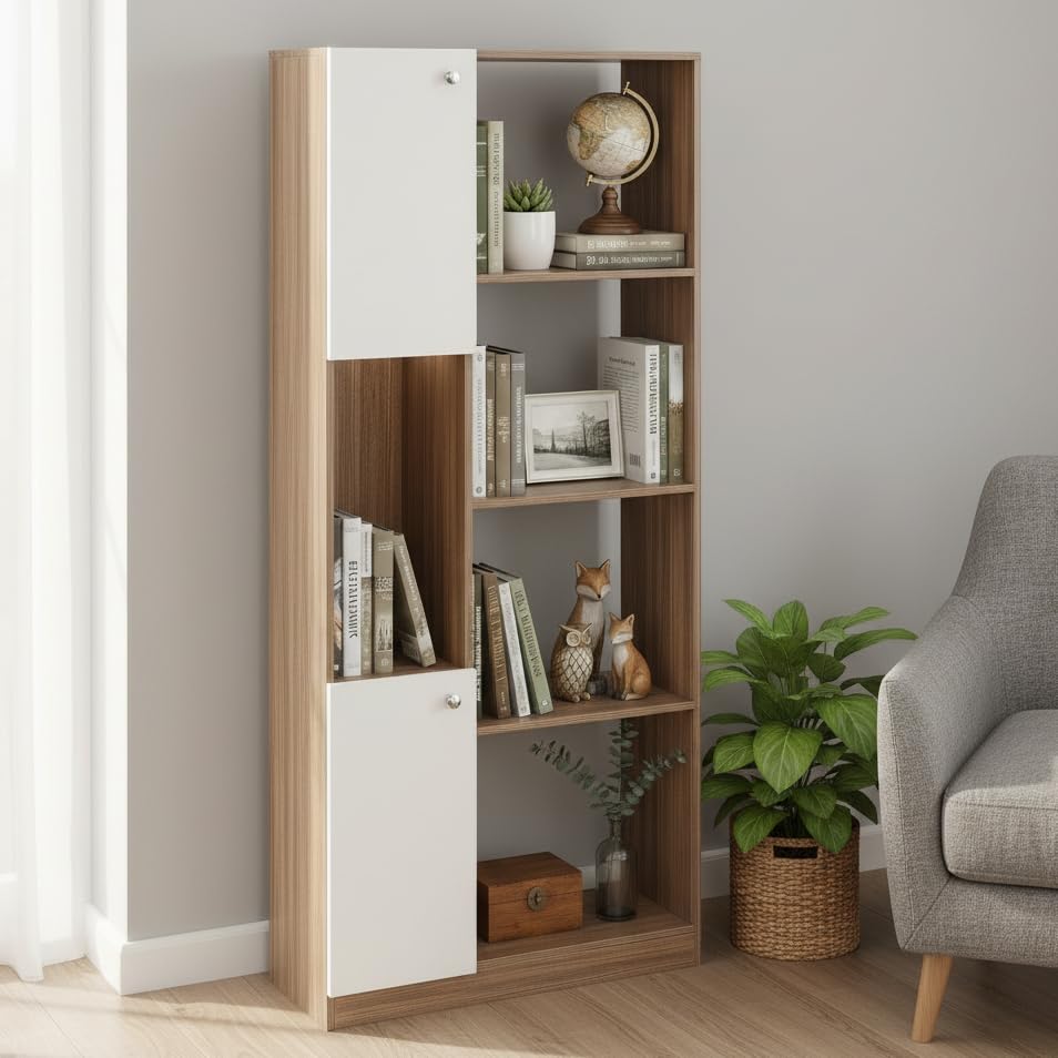 Image of FURNEASER Bookaura Wooden Bookshelf with Doors, Multipurpose Bookcase Storage Organizer for Living Room Modern Wooden Book Shelf Cabinet, Display Rack for Books & Decor (Exotic Teak & White)