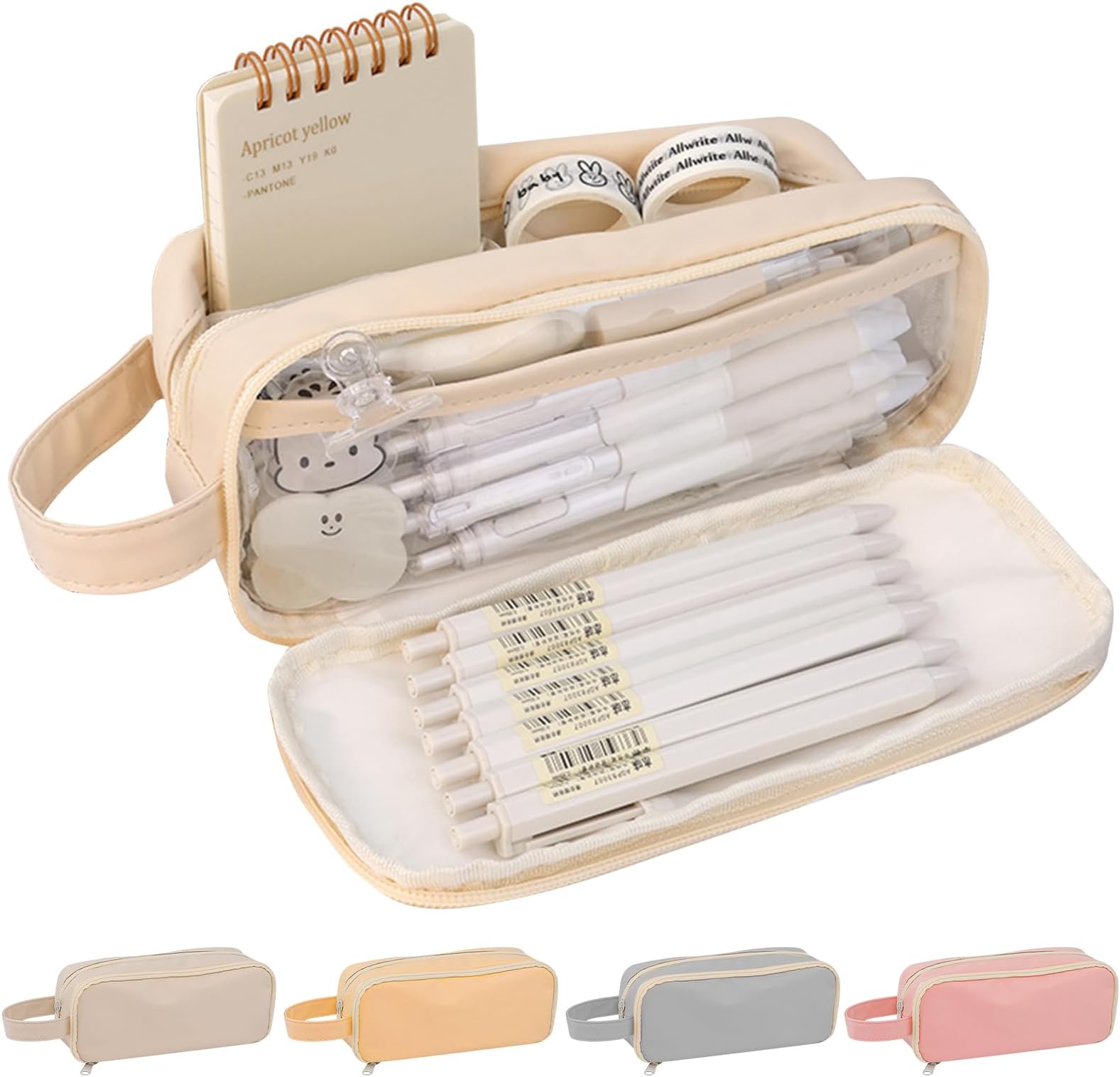 Yoolly Pencil Case, Big Capacity Pencil Case for Girls Boys, Waterproof Expandable Toiletries Storage Pouch Make up Cosmetic Bag, Office Stationery Organizer (Beige)