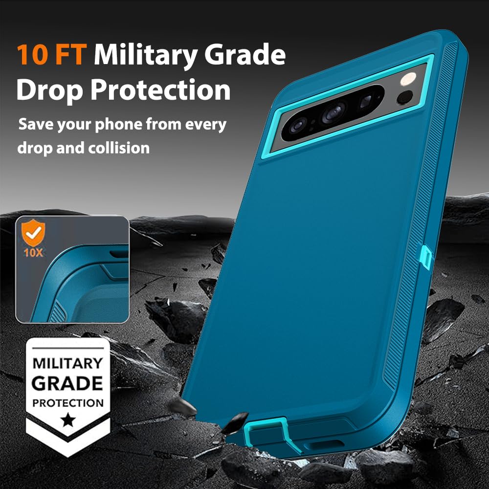 Funda para Google Pixel 8 Pro con 2 protectores de pantalla de vidrio templado y 1 protector de lente de cámara, grado militar 3 en 1, resistente, a prueba de golpes, caídas y polvo