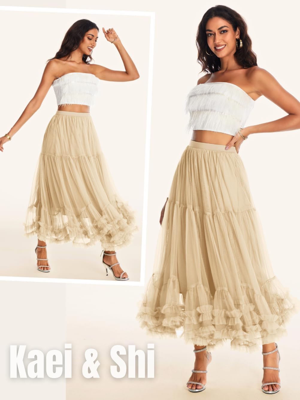 Kaei&Shi Long High Waisted Tulle Skirt,Ruffle Dance Fairy Skirts for Women Birthday