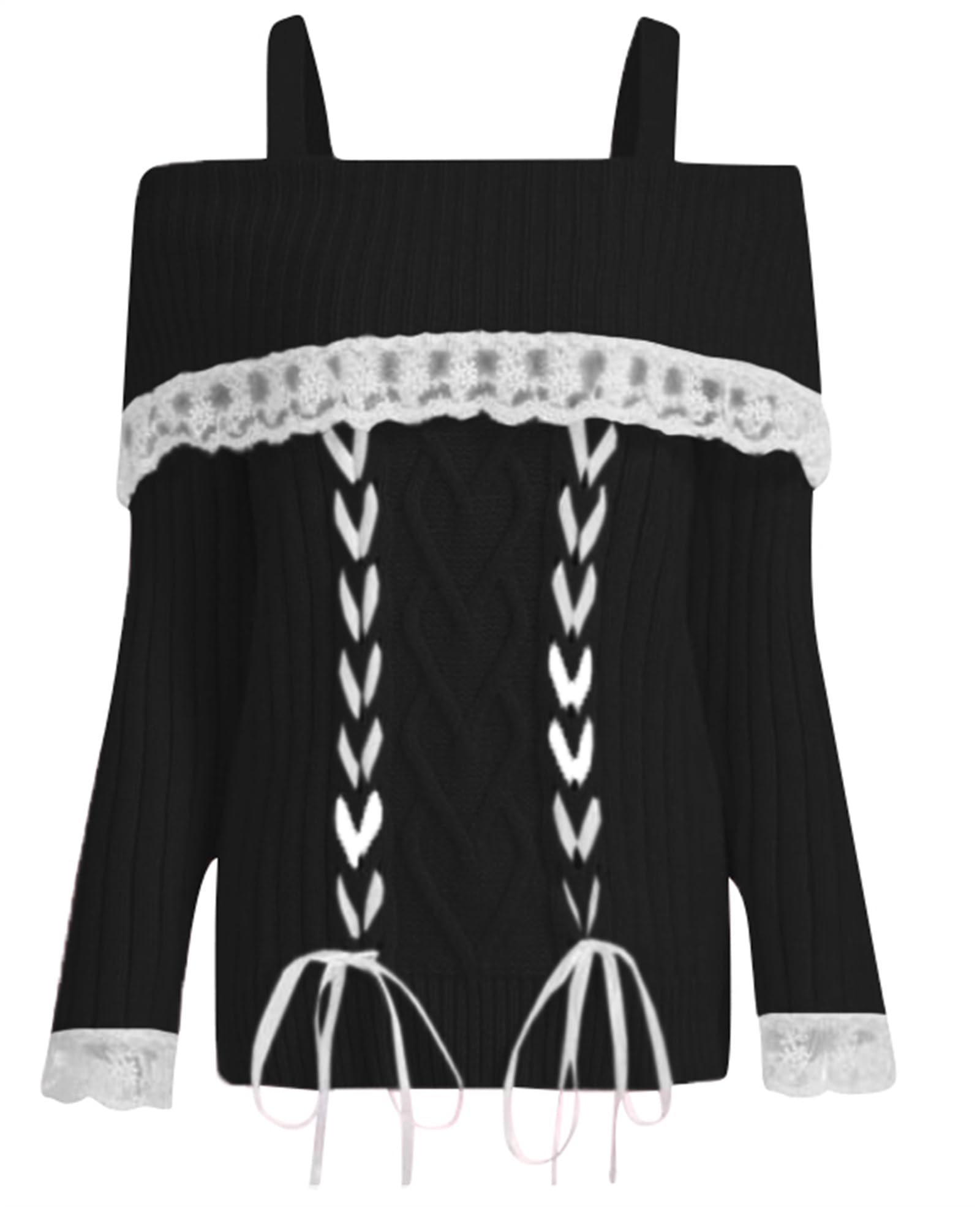 Women Y2k Kawaii Off Shoulder Sweater Long Sleeve Bow Knot Lace Knitted Pullover Top Y2k Girls Cute Jumpers
