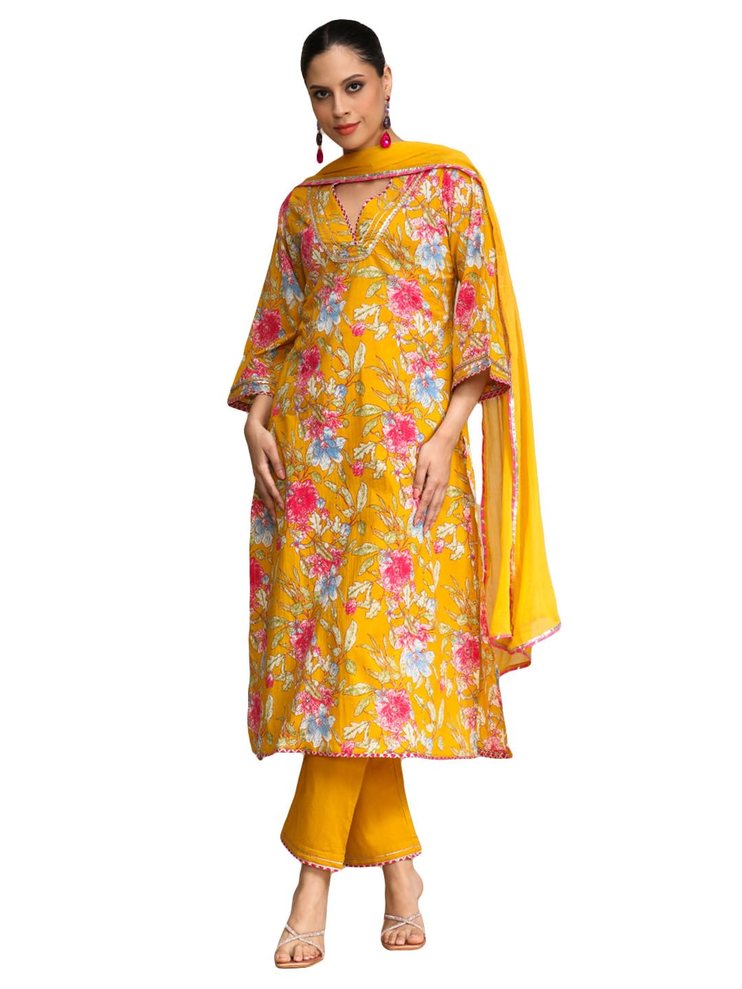 Varanga Floral Printed Boho Look Flared Sleeve Kurta With Trouser & Dupatta