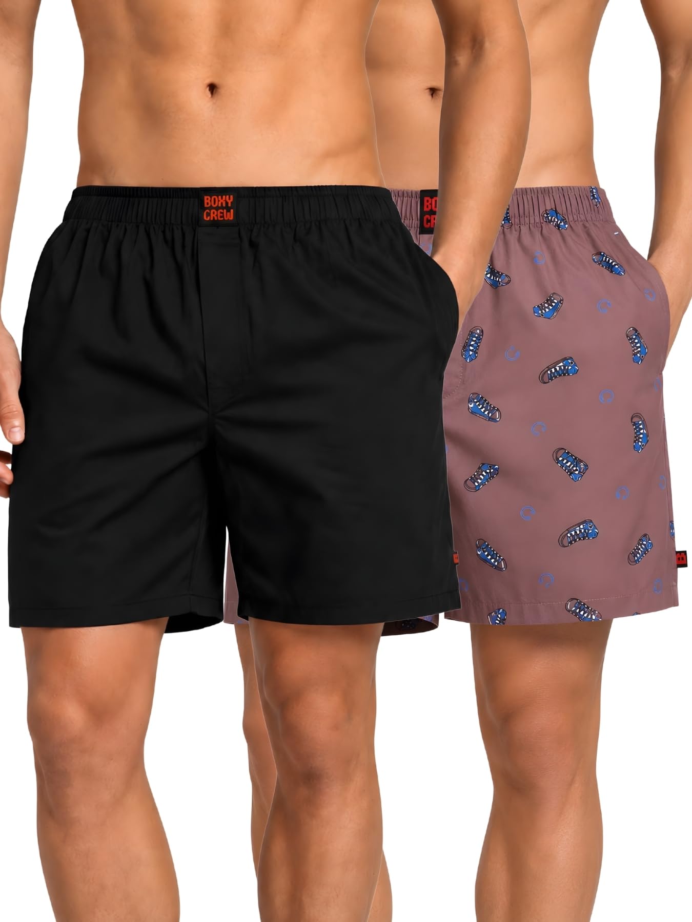 Men Boxer Shorts Pack of 2, 100% Cotton Woven Boxers, Black & Mauve, Solid & Printed Designs, Dual Side Pockets, No-Marks Inner Elastic Waistband, Relaxed Fit Lounge & Sleep Shorts-image-48