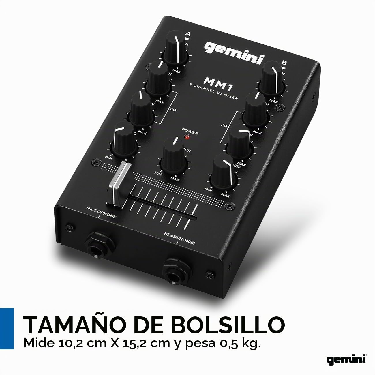 Gemini Sound MM1 Audio profesional de 2 canales Entrada de micrófono DUAL de 2 canales Estéreo de 2 banda Rotary COMPACT DJ Mezclador de podcast con Fader Cross-Fader y Control de ganancia individual