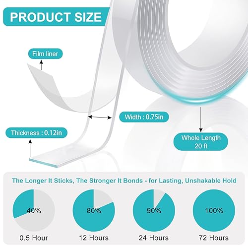 Miniatura 2 de Cinta adhesiva de doble cara resistente de 0.75 pulgadas x 20 pies, nano cinta adhesiva de doble cara, cinta adhesiva extraíble de dos caras sin