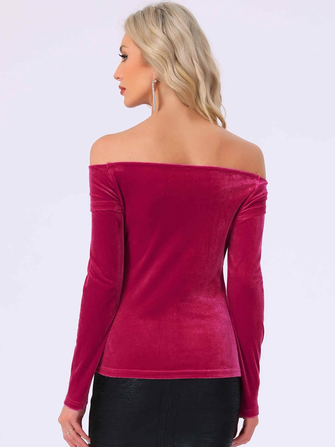 Allegra K Velvet Top for Women's Cocktail Slim Fit Long Sleeve Off-Shoulder Blouse