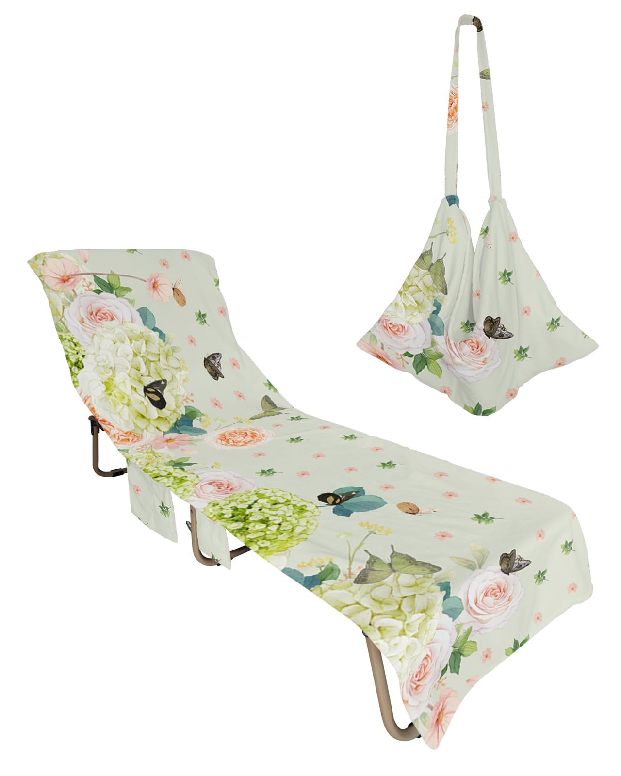 Teal Pink Spring Floral Beach Lounge Chair Towel Cover, Soft Chaise Lounge Towel with Side Pockets Patio Pool Chairs Cover for Beach/Pool Sunbathing 29x85 Summer Botanical Flowers Butterfly