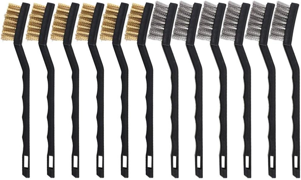 FOGAWA 12Pcs Small Wire Brush Set Brass Wire Brush Metal Rust Remover Brushes Stainless Steel Metal Brush for Cleaning Rust 3D Printer Nozzle Welding Slag Dirt with Curved Handle