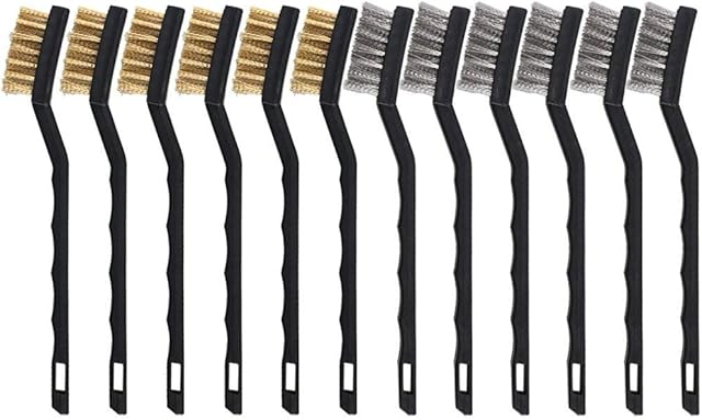 FOGAWA 12Pcs Small Wire Brush Set Brass Wire Brush Metal Rust Remover Brushes Stainless Steel Metal Brush for Cleaning Rust 3D Printer Nozzle Welding Slag Dirt with Curved Handle