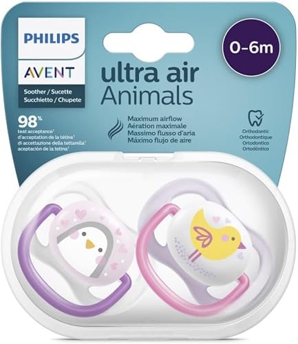AVENT Philips Avent Ultra Air Animals Silicone Soother 2-Piece Set for 0-6 Months Babies, Purple/Pink