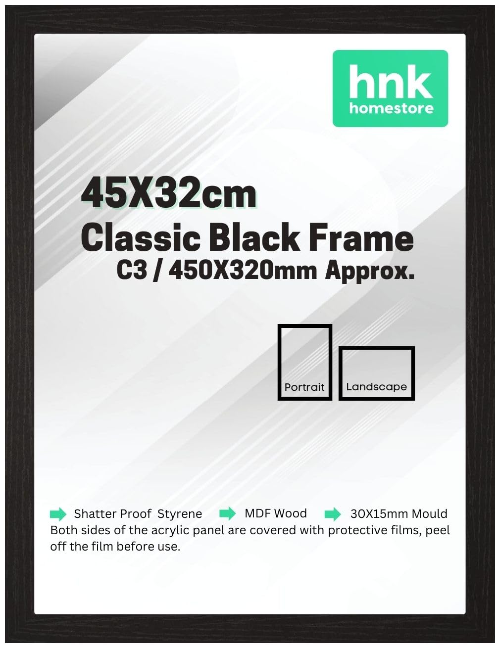 Hnk Homestore Black Hnk Classic Picture Frame 45X32cm In Wood Finish For Portrait And Landscape Display, Rectangle 450X320mm C3