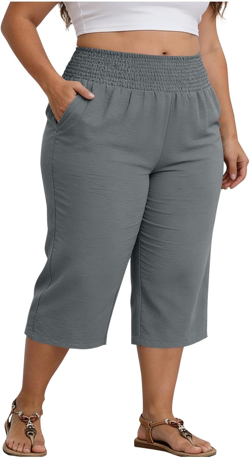 Wide Leg Capri Pants for Women Wide Waistband Lightweight Cropped Pant Casual Loose Fit Plus Size Comfy Lounge Capris