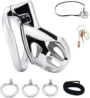 Metal Chastity Cage Male Sex Toys Cock Cage with 3 Different Size Rings Chastity Device with Invisible Lock and Belt for Men's Penis Bondage Stainless Steel Breathable Penis Cage