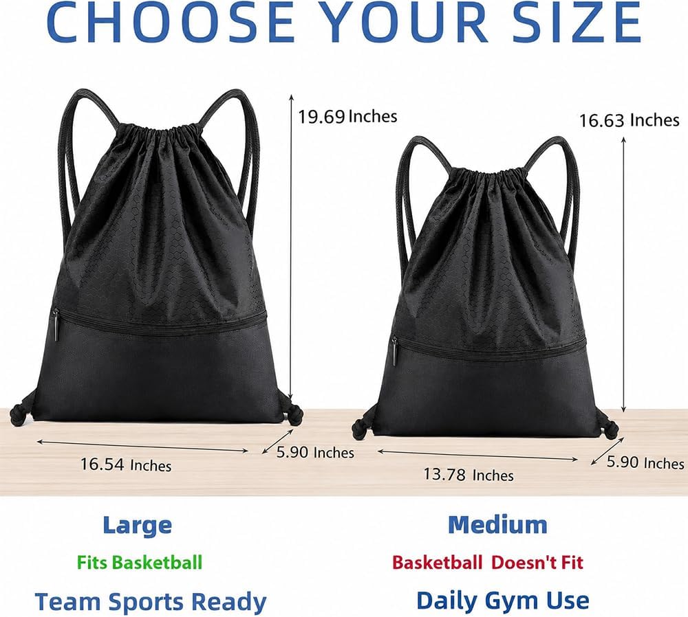 Sports Drawstring Backpack for Men, Waterproof Swim Gym Bag with Shoes Compartment for Women, Lightweight Pull String Sport Bag for Swim, Soccer, Black&Medium