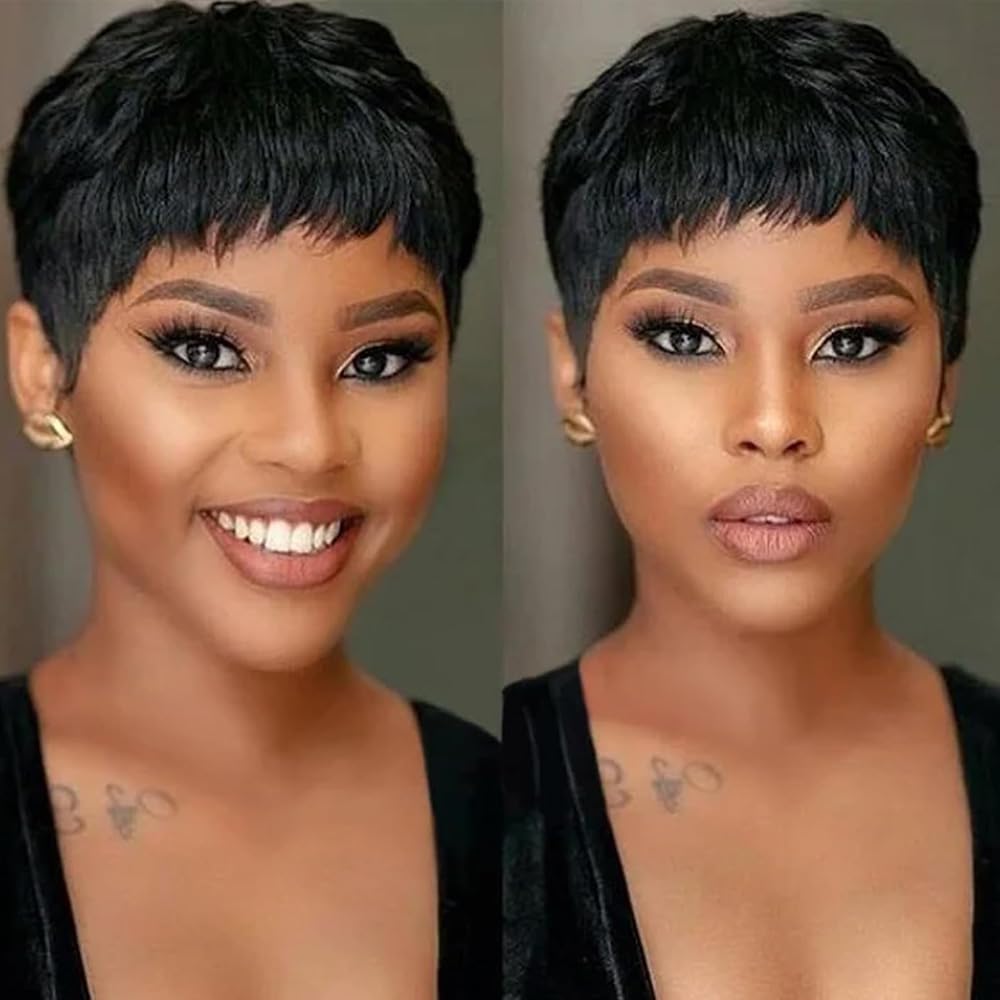 Wig Hair Short Wigs for Black Women Hair Glueless Natural Look Cut Wig Lace Front Wigs with Bangs Straight Short Human Hair Wigs (Black9982) - Image 3