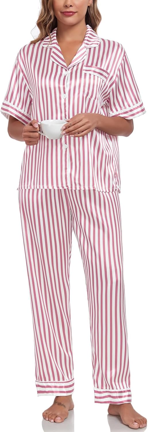 Silk Pajamas for Women Set Short Sleeve Sleepwear Button Down Shirt with Long Pants 2 Piece Striped Soft Pj Set - Image 5