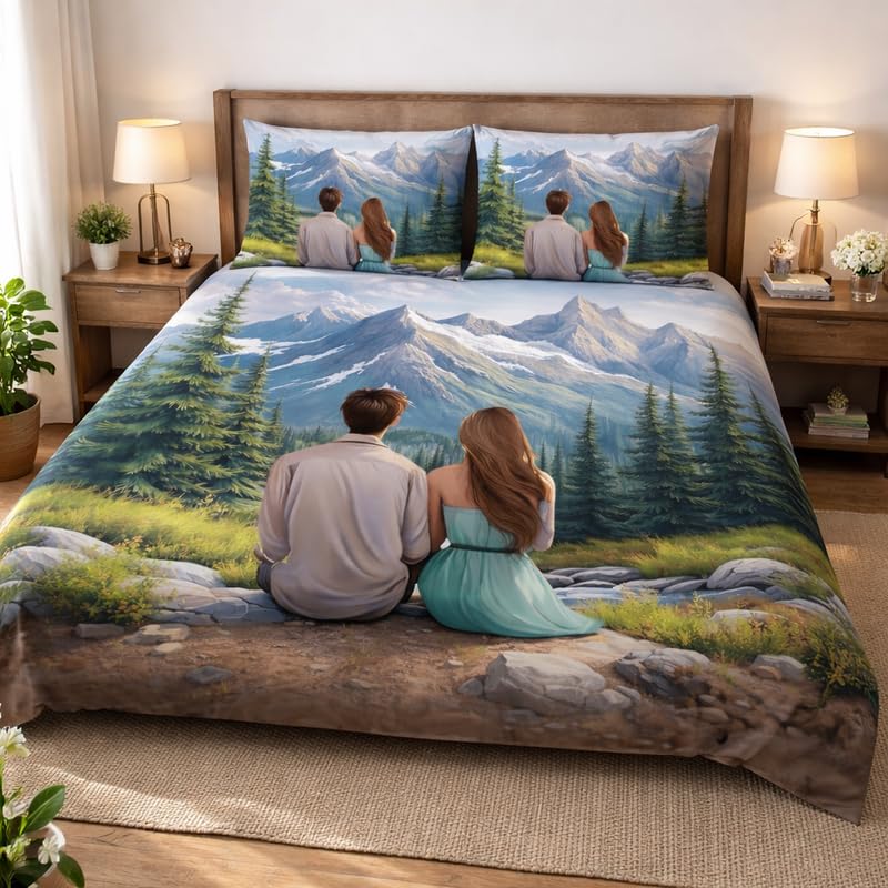 Image of DECOR WELL Premium 7D Digital Print Polycotton Double Bed Sheet with 2 Matching Pillow Covers - Soft, Wrinkle-Resistant & Vibrant Bedroom Decor - Mountain Couple
