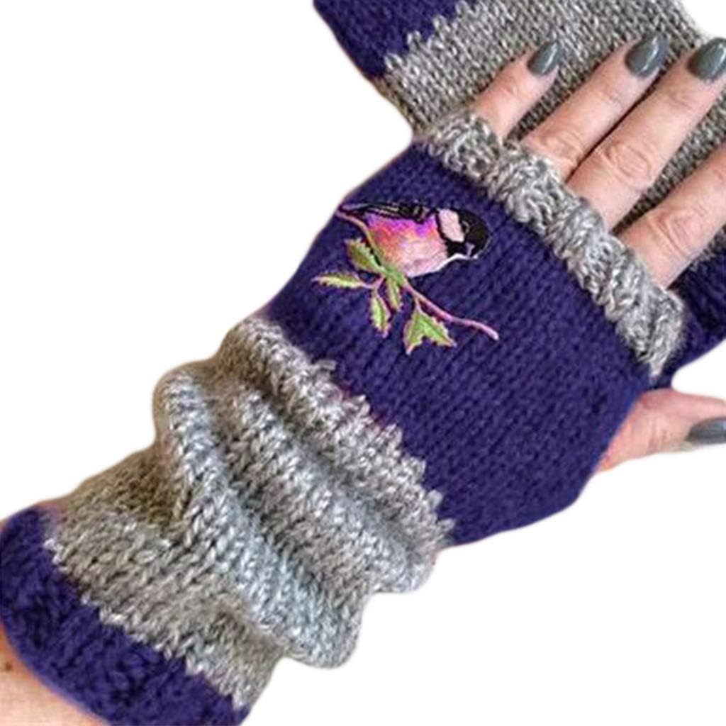 Wrist Warmers, Women Winter Knitted Fingerless Gloves Bird Embroidered Color Block Splice Half