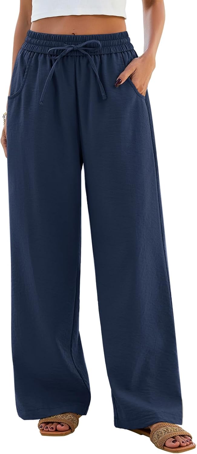 HEEKPEK Women Summer Flowy Pants Wide Leg Elastic Waist Drawstring Palazzo Casual Loose Beach Travel Trousers with Pockets