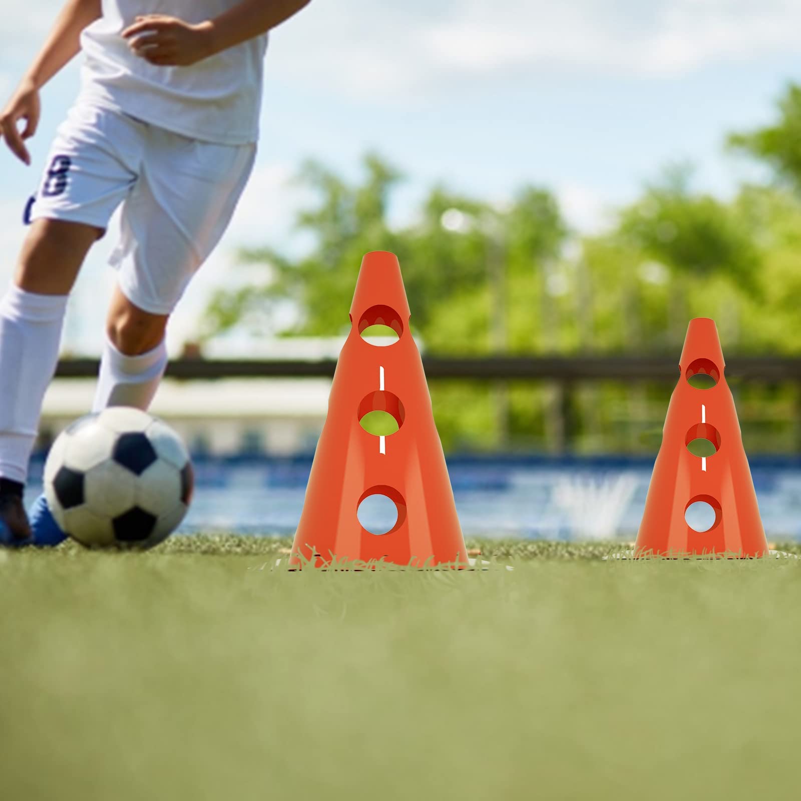 YUENFONG Set de Haies enfichables, Haies Coniques Sport 3 Trous Hauteur réglable Haies d'entraînement Set d'agilité, pour Enfants Sportifs Animaux domestiques(12 cônes Rouges 6 Barres Jaunes)