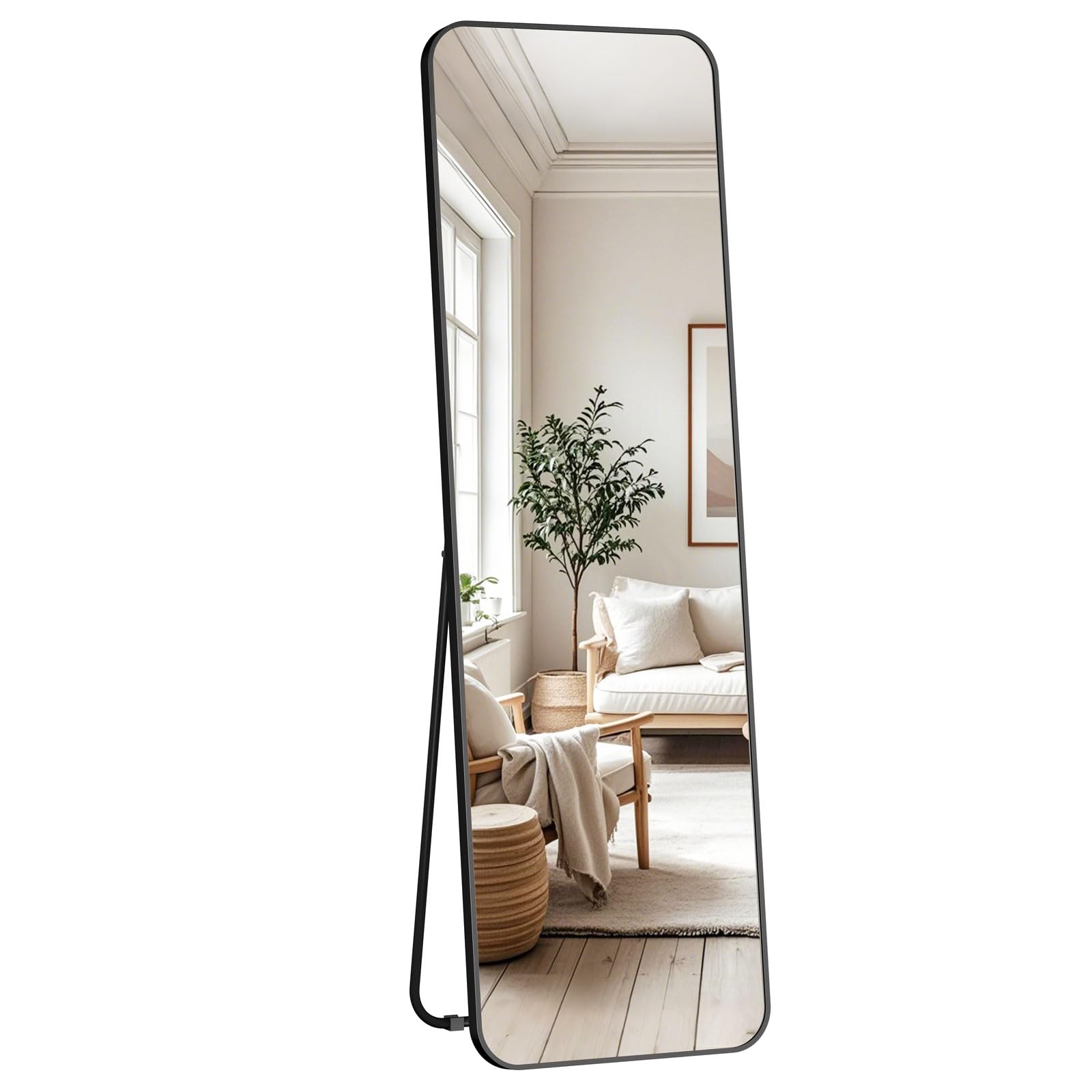 Dripex Rectangle Mirror Full Length, 160 x 50cm Full Body Mirror with Stand, Standing/Leaning/Hanging for Living Room Bedroom, Rounded Corners, Black