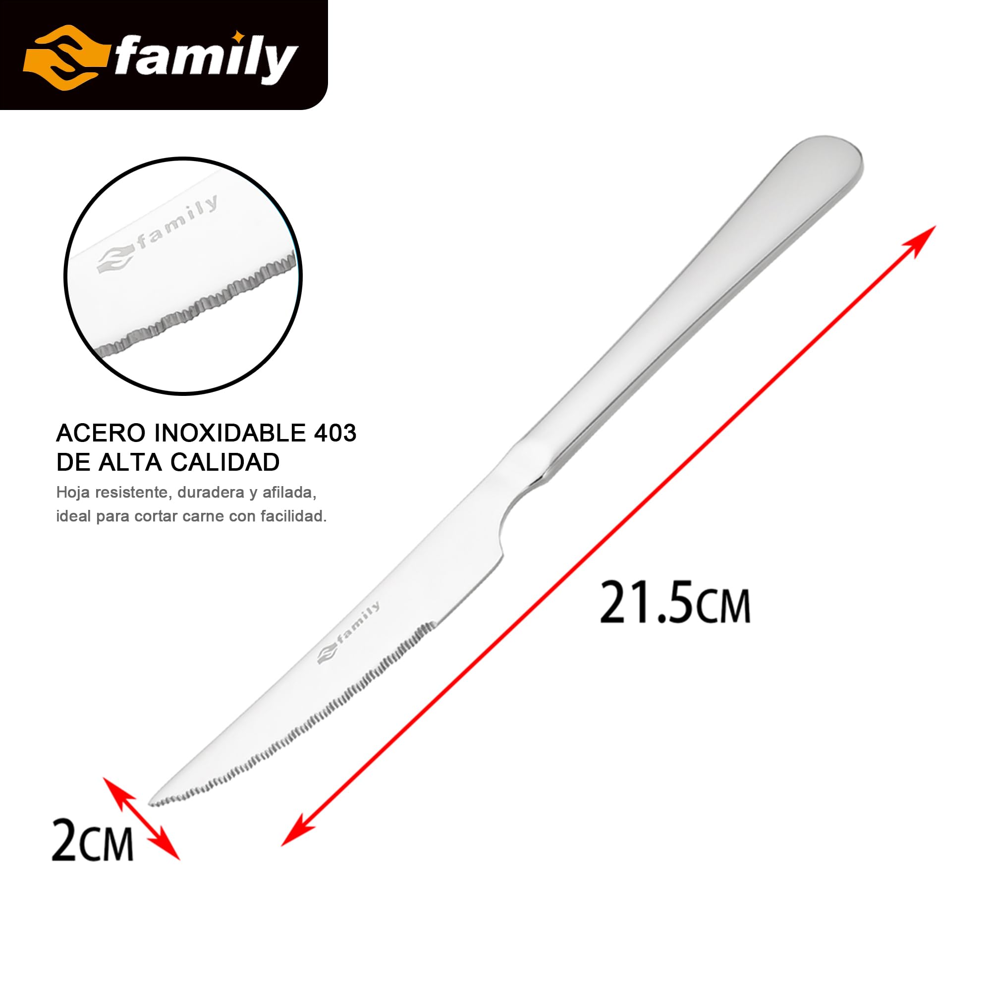 Cuchillo de Carne Acero Inoxidable 21.5x2CM FAMILY Pack 6 Cubiertos Hogar Restaurante
