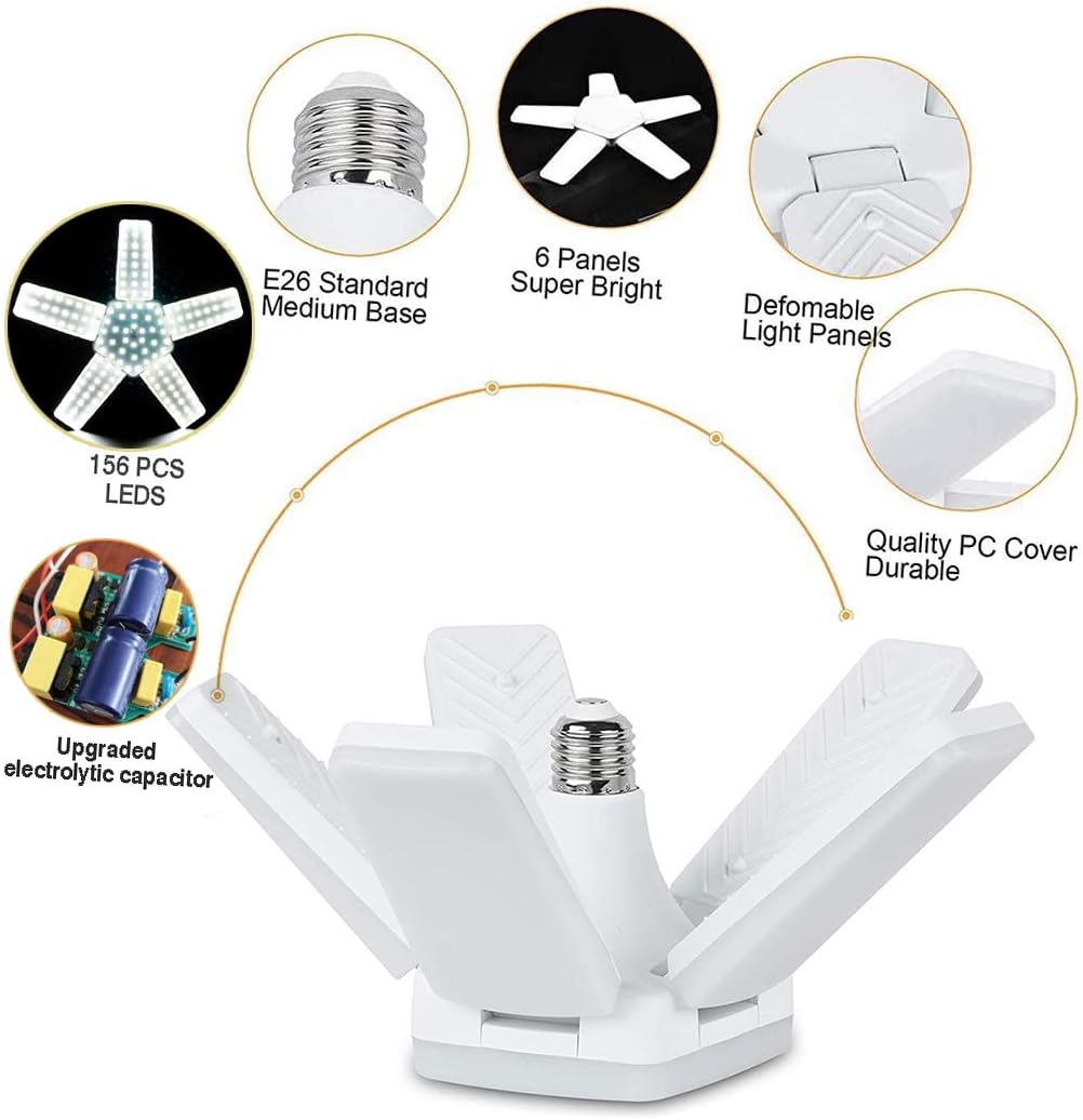 LED Garage Lights 2 Pack, 60W Deformable Led Garage Ceiling Light, 7200LM Shop Lights Daylight LED Light Bulbs with 5 Adjustable Panels for Garage Lighting, Warehouse, Basement, Workshop - 2Pack