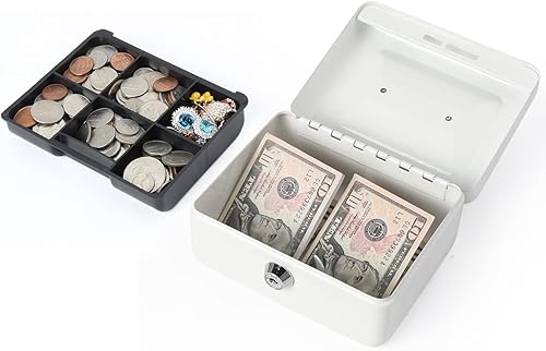 Vista 28 de Caja de dinero pequeña con bandeja de dinero y cerradura, caja de dinero de metal para efectivo, caja de seguridad 7.87 x 6.3 x 3.54 pulgadas