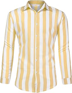 Men Casual Striped Button Down Shirts Long Sleeve Slim Fit Beach Shirt Fall Regular Fit Business Dress Shirt Top (Yellow,XX-Large)