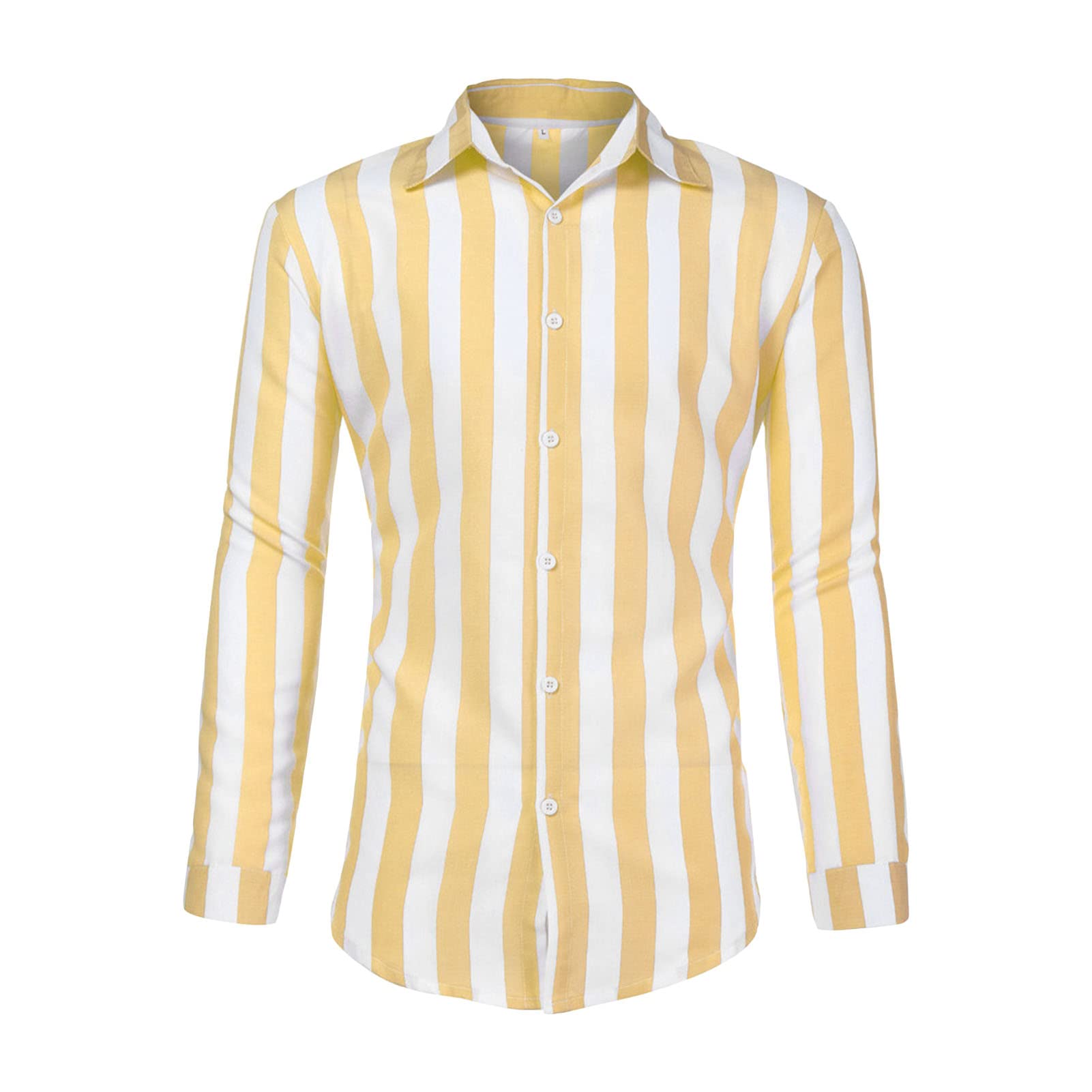 Men Casual Striped Button Down Shirts Long Sleeve Slim Fit Beach Shirt Fall Regular Fit Business Dress Shirt Top (Yellow,Large)