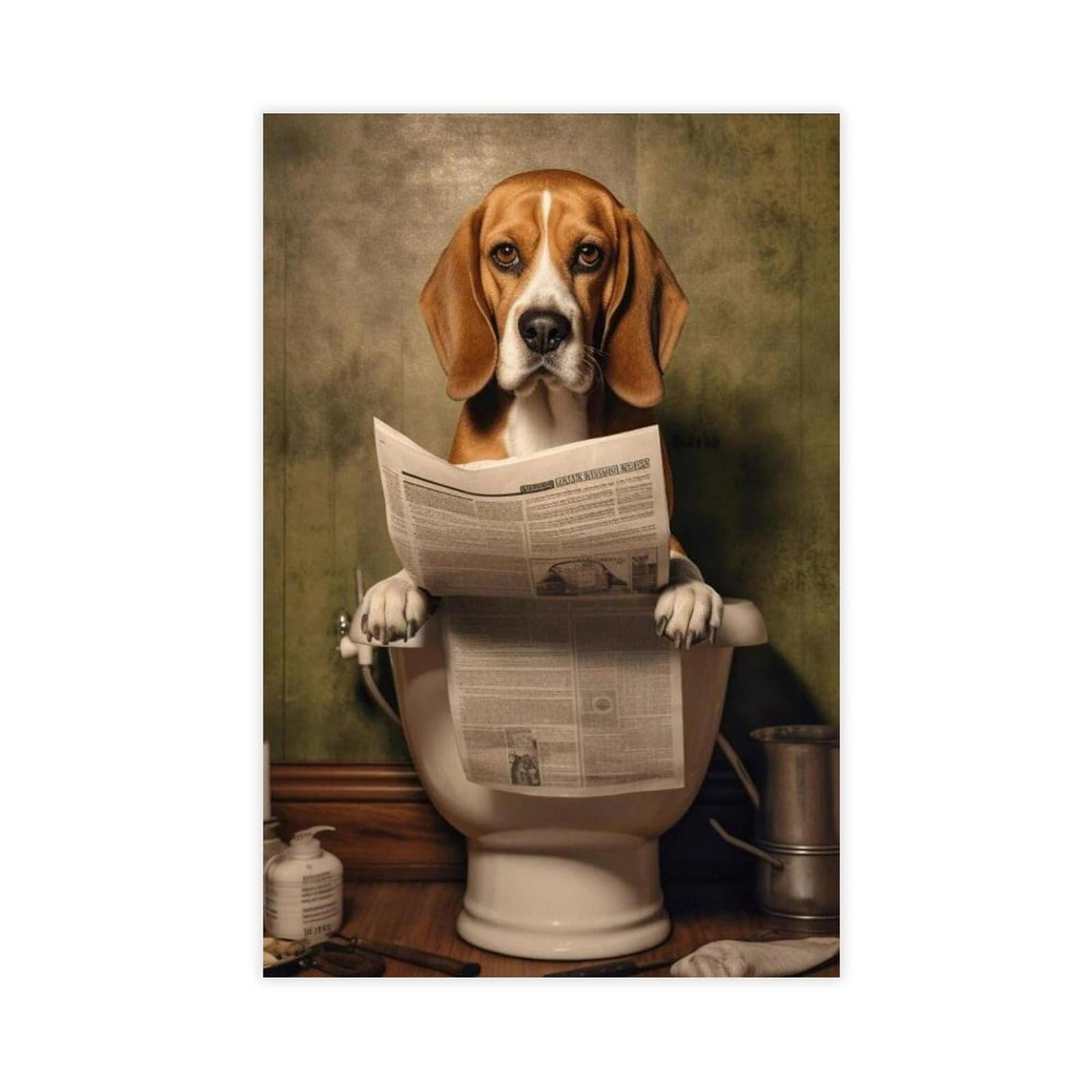 Flamint Beagle Sitting on The Toilet And Reading Newspaper Canvas Poster Bedroom Decor Landscape Office Room Decor Gift 24" L X 36" W