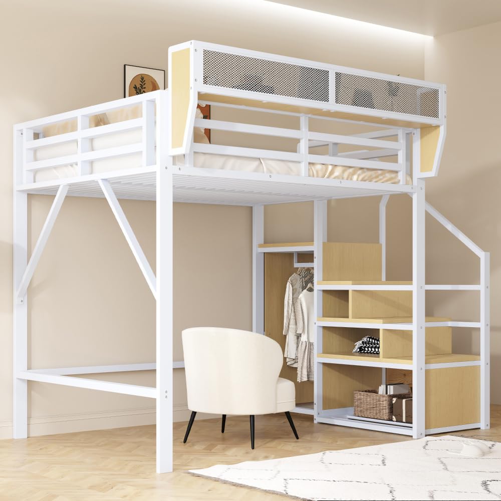 Cama alta de 140 x 200 cm con estructura de metal, cama de matrimonio de 140 x 200 cm con escalera de seguridad y compartimento contenedor flexible, cama para niños, sin colchón, color blanco