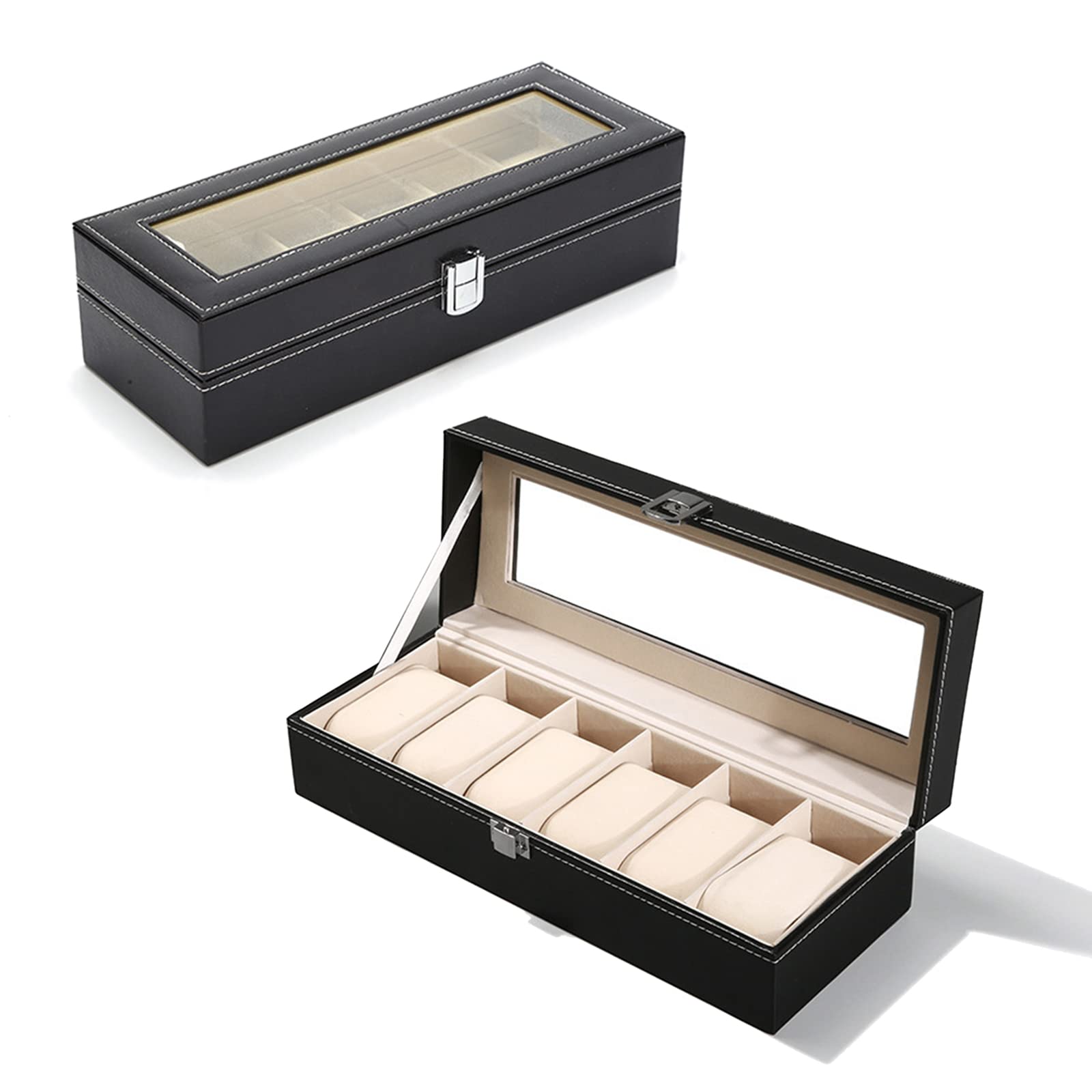 HONPOLOHONPOLO Watch Box Display Case Storage Box Watch Case Travel Case Leather Watch Storage Organizer Box Organizer Watch Roll Watch Display Glass Top PU Jewelry Box Packaging Box 3 6 12 Grids (6)