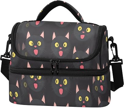 Quteprint Black Cute Kittens Cats Double Deck Insulated Lunch Bag for Women Men, 8L Dual Layer Cooler Bag with Adjustable Shoulder Strap, Leakproof Thermal Lunch Box for Work Picnic Outdoor