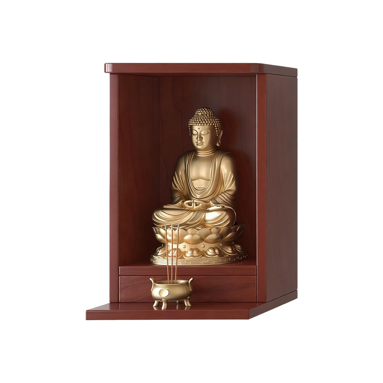 JNTFNE Wall Mounted Buddhist Shrine, Wood Altar Cabinet for Buddha Guanyin, Tabletop or Hanging Prayer Table Home Decor(Mahogany-B,35cm/13.7in)