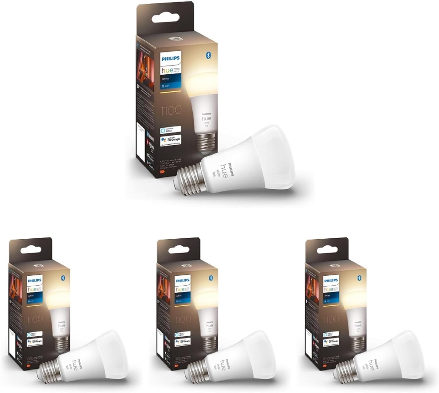Philips Hue - Bombilla LED Inteligente, A60 E27, Luz Blanca Cálida Regulable, 9.5W (Eq. 75W) 1100 lúmens, Compatible con Alexa y Google Home (Paquete de 4)