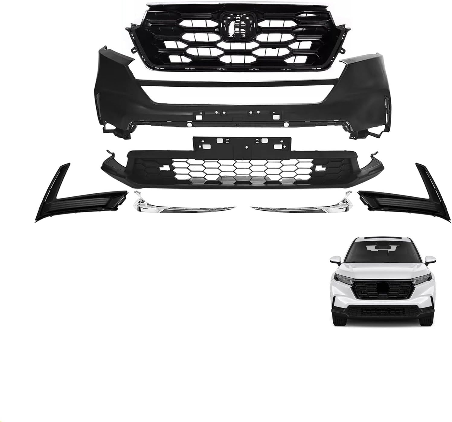 Civic Front Upper & Lower Grille & Fog Light Set Compatible with 2019 2020 2021 Honda Civic LX EX Touring Sport Sedan W/Grill Molding Trim Black