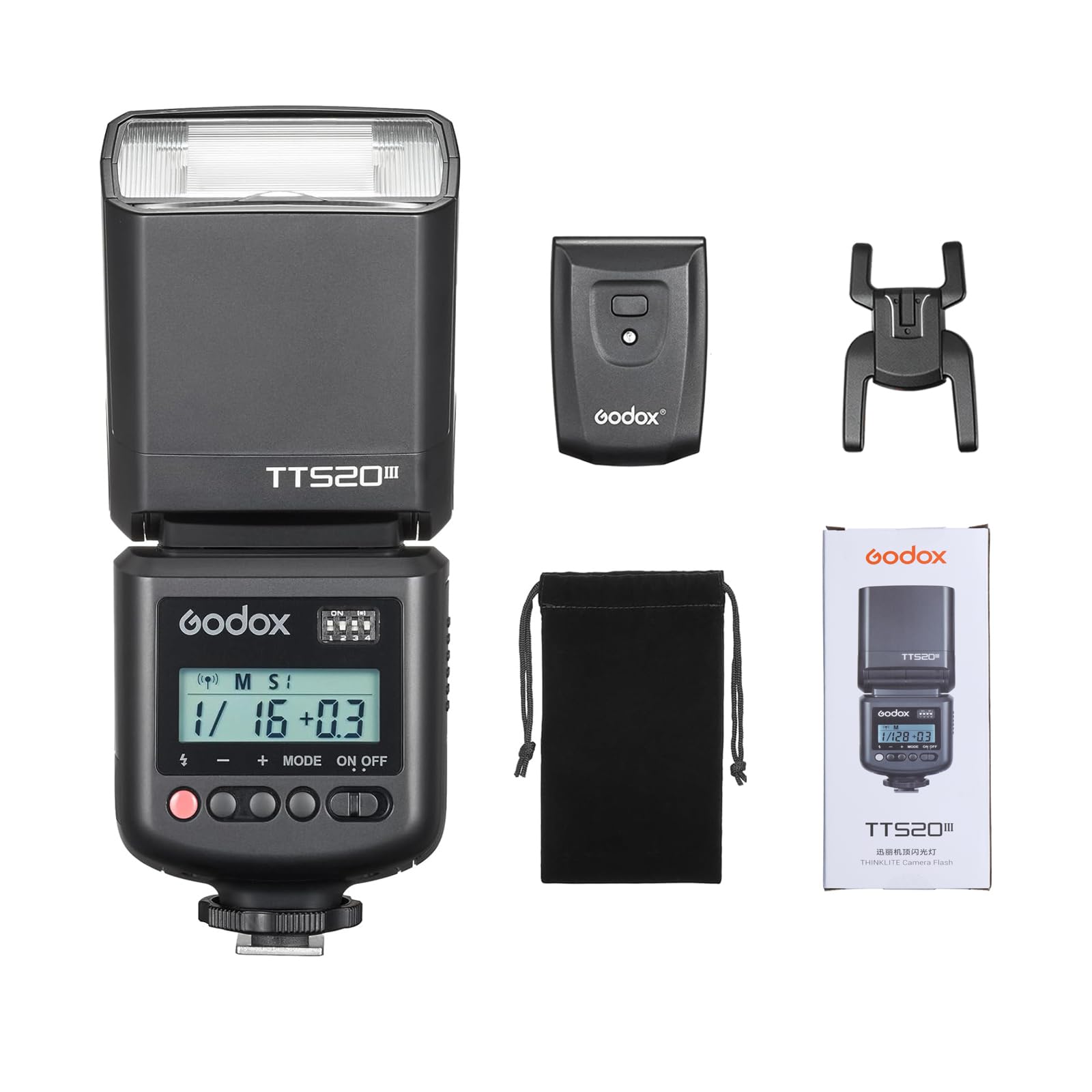 The Godox TT520III camera flash unit, highlighting its key features such as 433MHz wireless, universal hotshoe, 1.8s recycle time, 400 full power flashes, GN33, and 8 power settings.