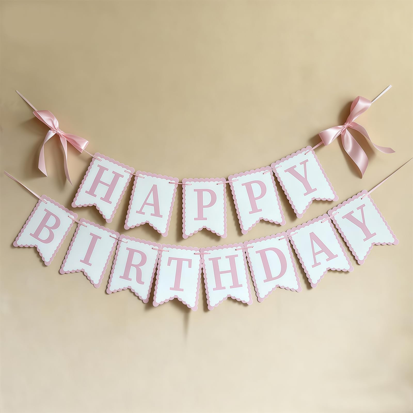 Vesavifaka Happy Birthday Garland Banner, Cute Birthday Banner Garland with Bows, Birthday Garland for Party, Birthday Decorations, Happy Birthday Decor (Pink)