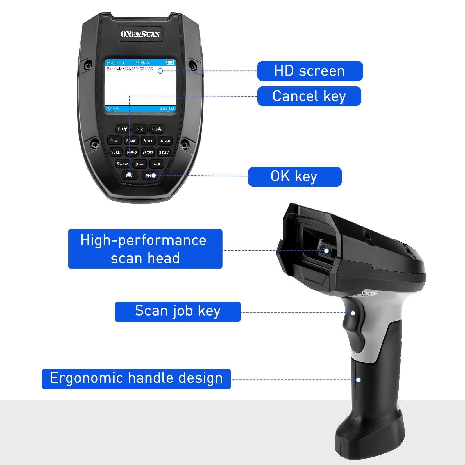 scanner wireless per codici a barre con base di ricarica CCD 1D, schermo di lettura dati 2,4 G, wireless e USB, con schermo LCD da 2,2"